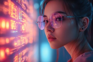 Poster - futuristic female it specialist manipulating holographic displays in a sleek neonlit data center advanced technology surrounds her as she works on complex cybersecurity algorithms