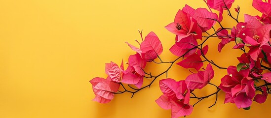 Wall Mural - Pink Bougainvillea flowers on a yellow background with copy space image.