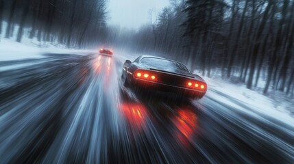 Two cars racing on a wet, snowy road in a forest during a moody winter evening