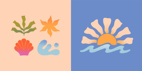 Wall Mural - vector abstract summer nature elements.hand drawn palm,organic form,sun,seashell,waves.modern graphi