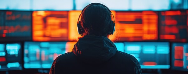 Hacker in front of computer screens.