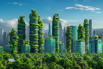 Green skyscrapers in an eco-friendly futuristic city