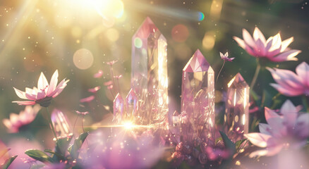 Wall Mural - Beautiful crystals glowing in the sunlight. Crystals with pink flowers growing on them and a blurred background creating a fantasy, magical realism effect with bokeh