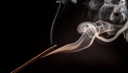 Wall Mural - burning incense stick with smoke on black background