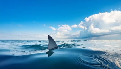 Wall Mural - shark fin on surface of ocean agains blue cloudy sky