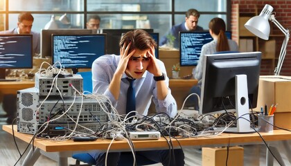 3D stressed IT worker surrounded by tangled cables and servers in a busy office environment