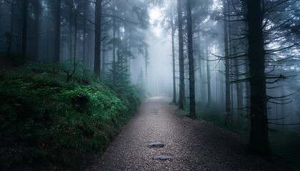 Wall Mural - a dark and moody forest pathway covered in mist photo composite