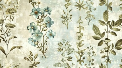 a background pattern of vintage botanical prints featuring wildflowers in muted tones of blue and gr