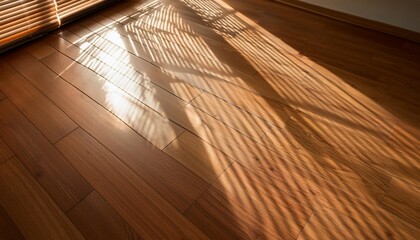 Wall Mural - strong sunlight streams through window blinds casting sharp parallel shadows on a wooden floor