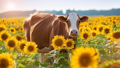 Wall Mural - a brown cow with a white nose stands in a field of sunflowers looking directly at the viewer