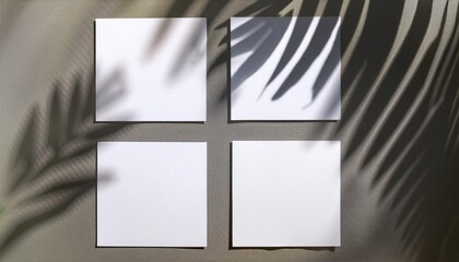 natural light casts shadows from the palm tree on 4 square sheets of white textured paper lying on a gray background mockup