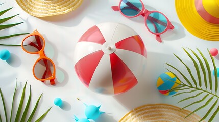 A cheerful summer scene with a beach ball, sunglasses, and a sun hat on a white background. The bright colors and fun items reflect the joy of summer.