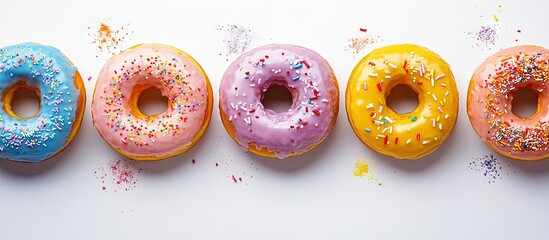 Fototapete - Colorful doughnuts topped with glaze and sprinkles are arranged in a row viewed from above Copy space for text