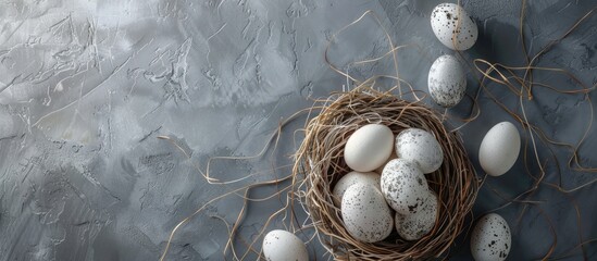 Poster - Close up of Easter eggs in a nest against a grey background Top view. with copy space image. Place for adding text or design
