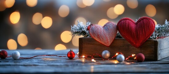 Two wooden hearts on a wooden surface with blurred lights and a box of holiday decorations Happy Valentine s Day. with copy space image. Place for adding text or design