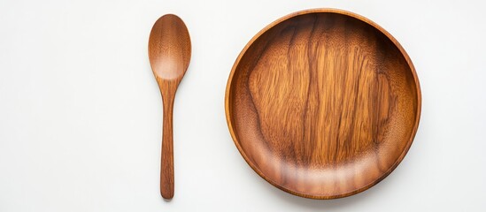 Poster - An empty wooden spoon and plate on a white background featuring wooden dishware and tableware. with copy space image. Place for adding text or design