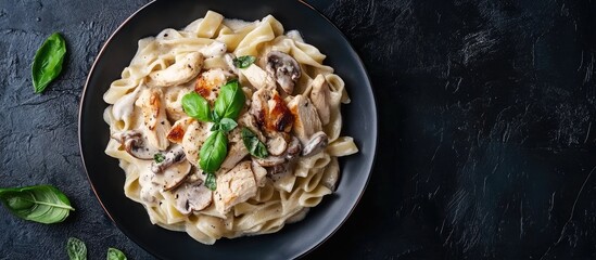 Fototapete - Italian creamy pasta with chicken and mushrooms garnished with basil sauce top view Classic Italian lunch idea. with copy space image. Place for adding text or design