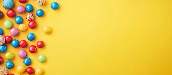 Poster - colored sweets on a yellow background. with copy space image. Place for adding text or design