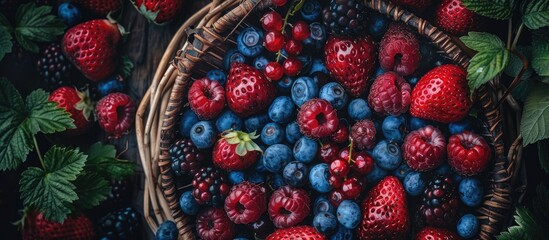 Leinwandbilder - A variety of fresh berries on a neutral background Organic and valuable food source Top view copy space