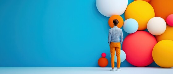 Wall Mural - Man Facing Colorful Abstract Spheres