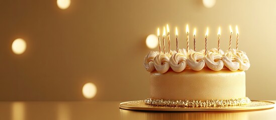 Poster - A golden birthday cake is adorned with macaroni. with copy space image. Place for adding text or design