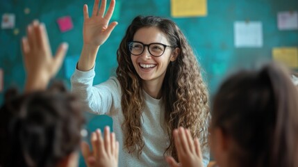 Poster - Cheerful European female teacher giving high five to pupil girl sitting at desk. Education, teaching, learning and school concept