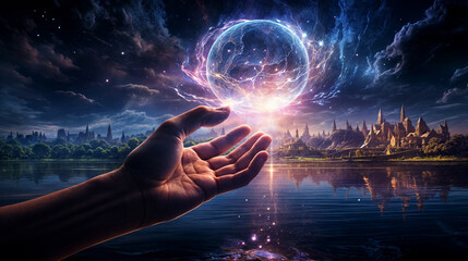 Mystical hand conjuring cosmic energy sphere above tranquil lake, illuminating distant fantasy cityscape under starry night sky