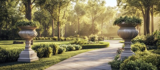 Fototapete - Charming park in a classic style featuring stone ornaments on pedestals lovely plants and a resting area. with copy space image. Place for adding text or design
