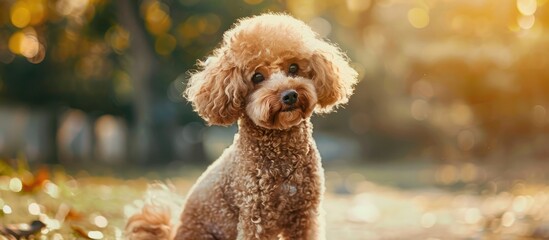 A cinnamon brown toy poodle gazes into the house from the garden The sun is shining on his back as he eagerly looks to play with his owner. with copy space image. Place for adding text or design