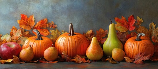 Fototapete - Autumn still life featuring pumpkins apples pears and vibrant leaves Includes space for your text. with copy space image. Place for adding text or design