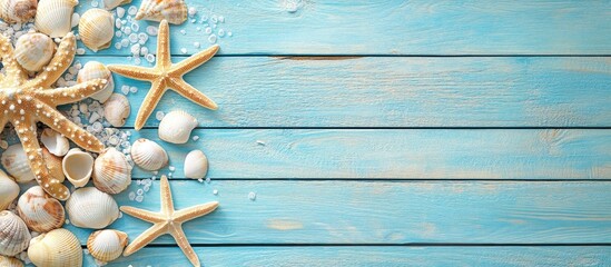 Poster - Starfish and shells on blue wooden boards of a pier with seawater Vacation travel beach Banner Copy space