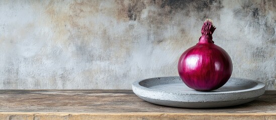 Aufkleber - Red seeding onion on a concrete plate on a wooden surface with copy space
