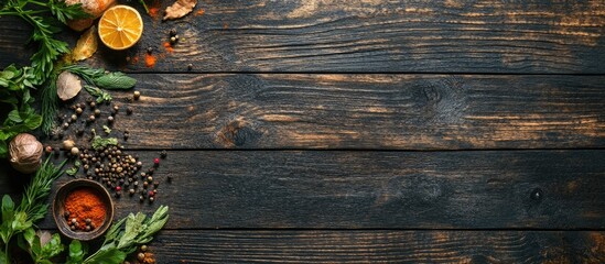 Poster - Food background on a dark brown wooden table Herbs and spices on an antique wooden tabletop top view Copyspace for text Cooking ingredients