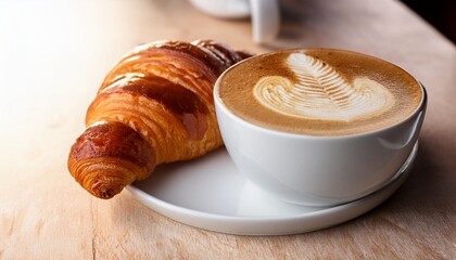 Poster - cappuccino coffee with latte art and croissant