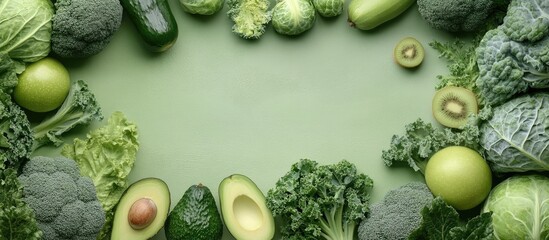 Fototapete - Creative food layout featuring green fruits and vegetables on a green background flat lay avocado kale broccoli Brussels sprouts kiwi peppers apple and cabbage top view with room for text