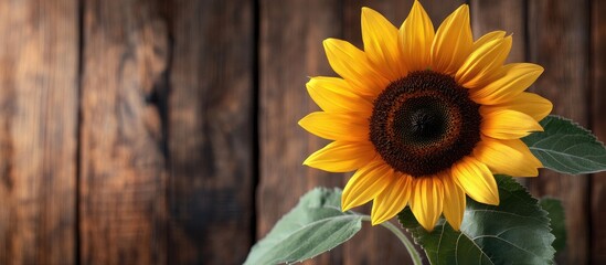 Fototapete - Yellow sunflower against a brown wooden backdrop Autumn image showcasing the harvest. with copy space image. Place for adding text or design