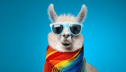 Wall Mural - white llama wearing colourful scarf and sunglasses posing in front of a blue background