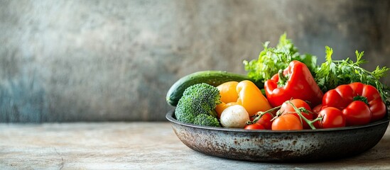 Aufkleber - Healthy Organic Vegetables in a worn out pan. with copy space image. Place for adding text or design