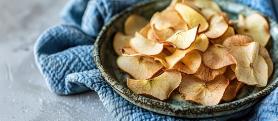 Poster - Healthy apple chips on a round green plate with a blue cotton kitchen towel on a grey background. with copy space image. Place for adding text or design
