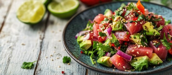 Seafood tuna fish ceviche salad featuring avocado lime hot chili pepper red onion cilantro and sesame seeds presented on a grey blue plate against a white wooden table background Close up Selective f