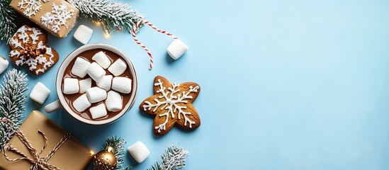 Fototapete - Cup of chocolate topped with marshmallows gingerbread cookies gifts and lovely Christmas decorations with lights on a blue background Flat lay top view close up space for text. with copy space image