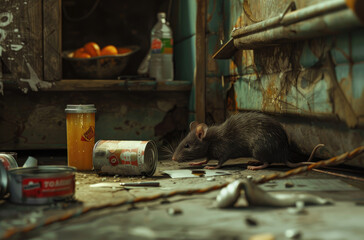 Wall Mural - Close up of a rat inside a kitchen, surrounded by food and juice cans on the floor, with an open hole in one wall behind it that leads to an underground tunnel system underneath the home