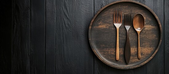 Fototapete - Vintage silverware Rustic vintage wooden spoon and fork set on a wooden platter against a black wooden background Empty dishes Top view Mock up. with copy space image. Place for adding text or design