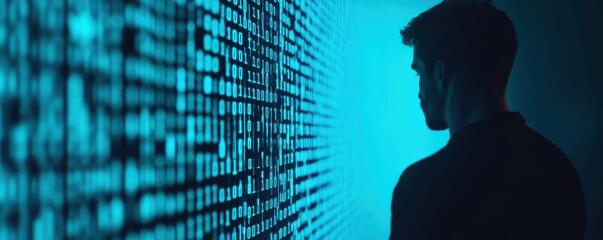 Silhouette of Man Against Blue Binary Code Background.