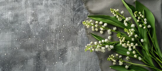 Aufkleber - Top view of a rustic greeting card concept with a bouquet of white lilies of the valley and green leaves on a gray linen background offering ample copy space for cover design