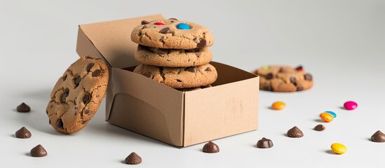 Poster - Isolated on a white background a product cardboard package box is available for cookies sweets and candies with mock up copy space image for adding text