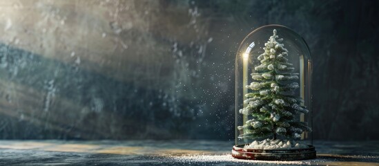 Poster - Surreal theme for the holidays a green Christmas tree dusted with snow inside a contemporary glass dome set against a dark backdrop with a sunny shadow creating a modern retro setting with copy space