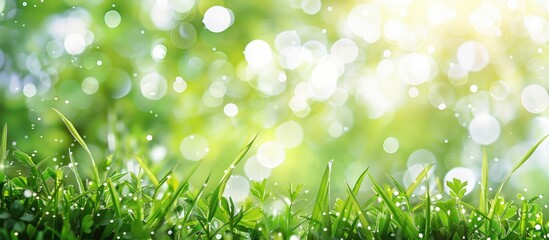 Aufkleber - A wide format close up outdoors image of vibrant green meadow grass in spring or summer It showcases nature s freshness with copy space and an abstract bokeh background