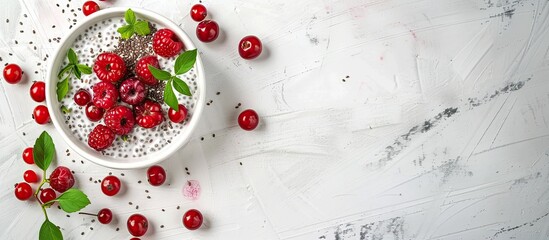 Aufkleber - Vanilla chia pudding with red berries on a white wooden backdrop perfect for a healthy snack concept with space for adding text or other images. Creative banner. Copyspace image