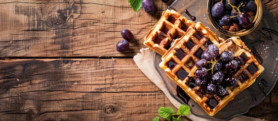 Sticker - Scrumptious waffles topped with grapes and chocolate sauce presented on a rustic wooden table with a blank space for additional text or imagery in the photo